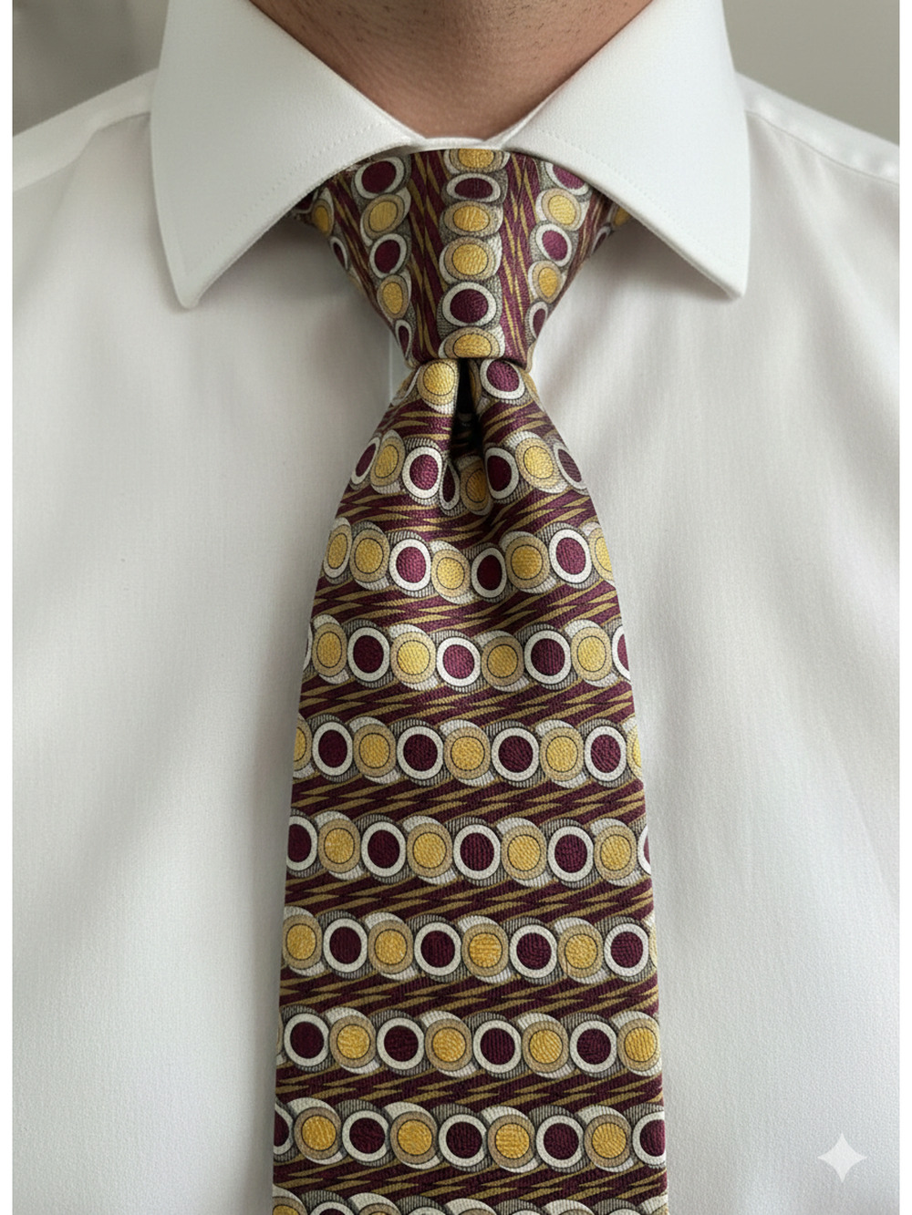Paul Frederick maroon red yellow pattern Italian silk tie hand tailored - 57"